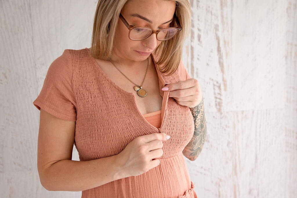 Flourish Maternity NZ - online mum and baby shop. Bella tiered dusty pink dress - pregnancy & breastfeeding flowing dress. Discrete zipper for breastfeeding access with a discretion slip underneath