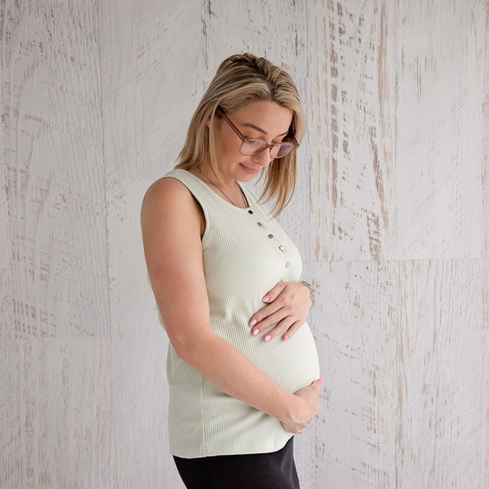 Flourish Maternity NZ - online mum and baby shop. Soft sage pregnancy & breastfeeding singlet top.