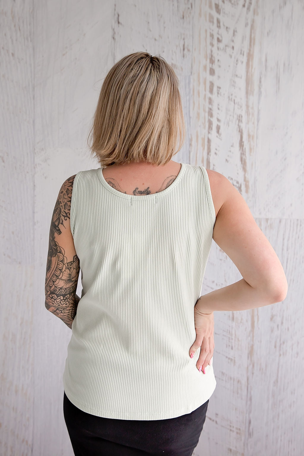 Flourish Maternity NZ - online mum and baby shop. Soft sage pregnancy & breastfeeding singlet top. Back view