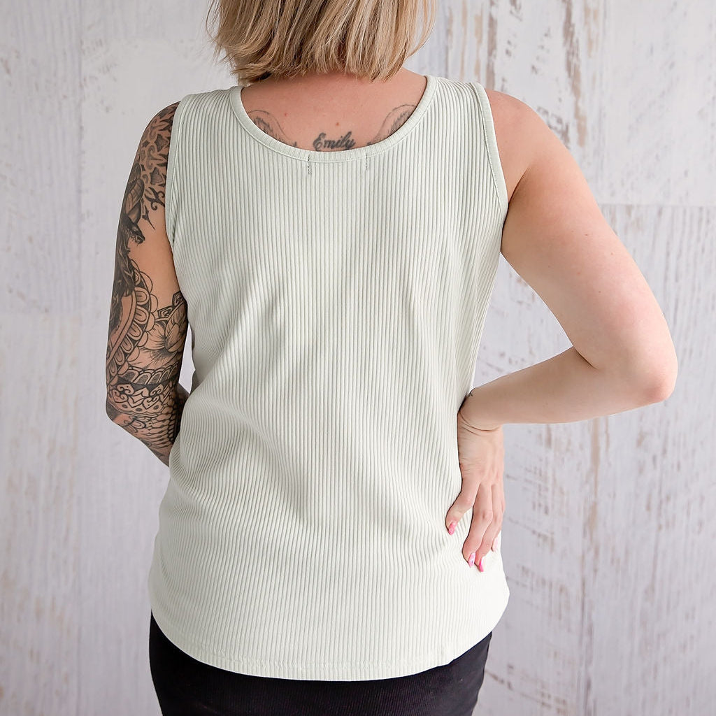 Flourish Maternity NZ - online mum and baby shop. Soft sage pregnancy & breastfeeding singlet top. Back view