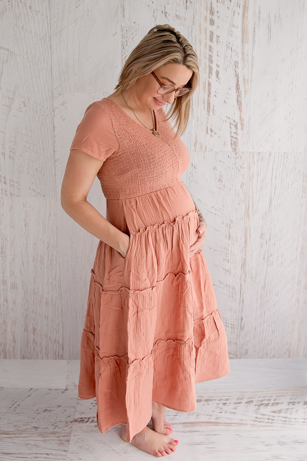 Flourish Maternity NZ - online mum and baby shop. Bella tiered dusty pink dress - pregnancy & breastfeeding flowing dress with pockets..