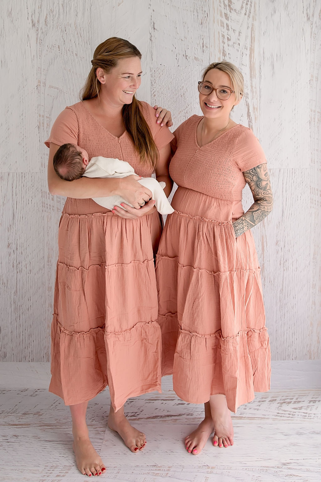 Flourish Maternity NZ - online mum and baby shop. Bella tiered dusty pink dress - pregnancy, breastfeeding & beyond flowing dress with pockets.