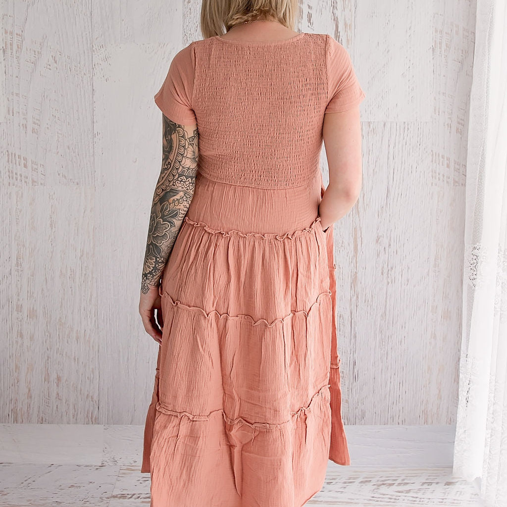 Flourish Maternity NZ - online mum and baby shop. Bella tiered dusty pink dress - pregnancy & breastfeeding flowing dress. Back view.