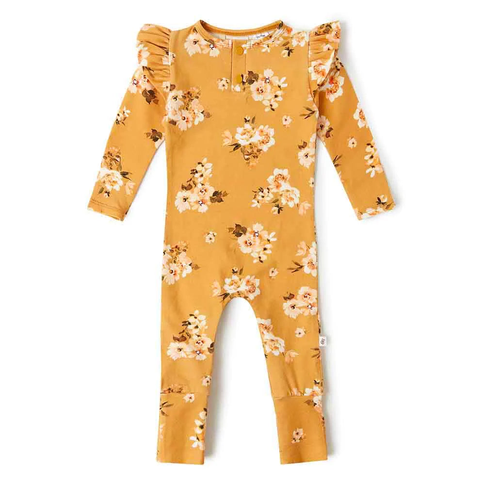 Flourish Maternity NZ - Baby. Golden Flower Organic Growsuit. Sizes Newborn (0000) to size 2 year old.