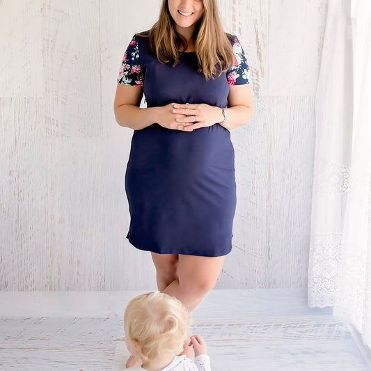 Flourish Maternity NZ floral sleeve navy breastfeeding dress with zip. Online mum and baby shop.