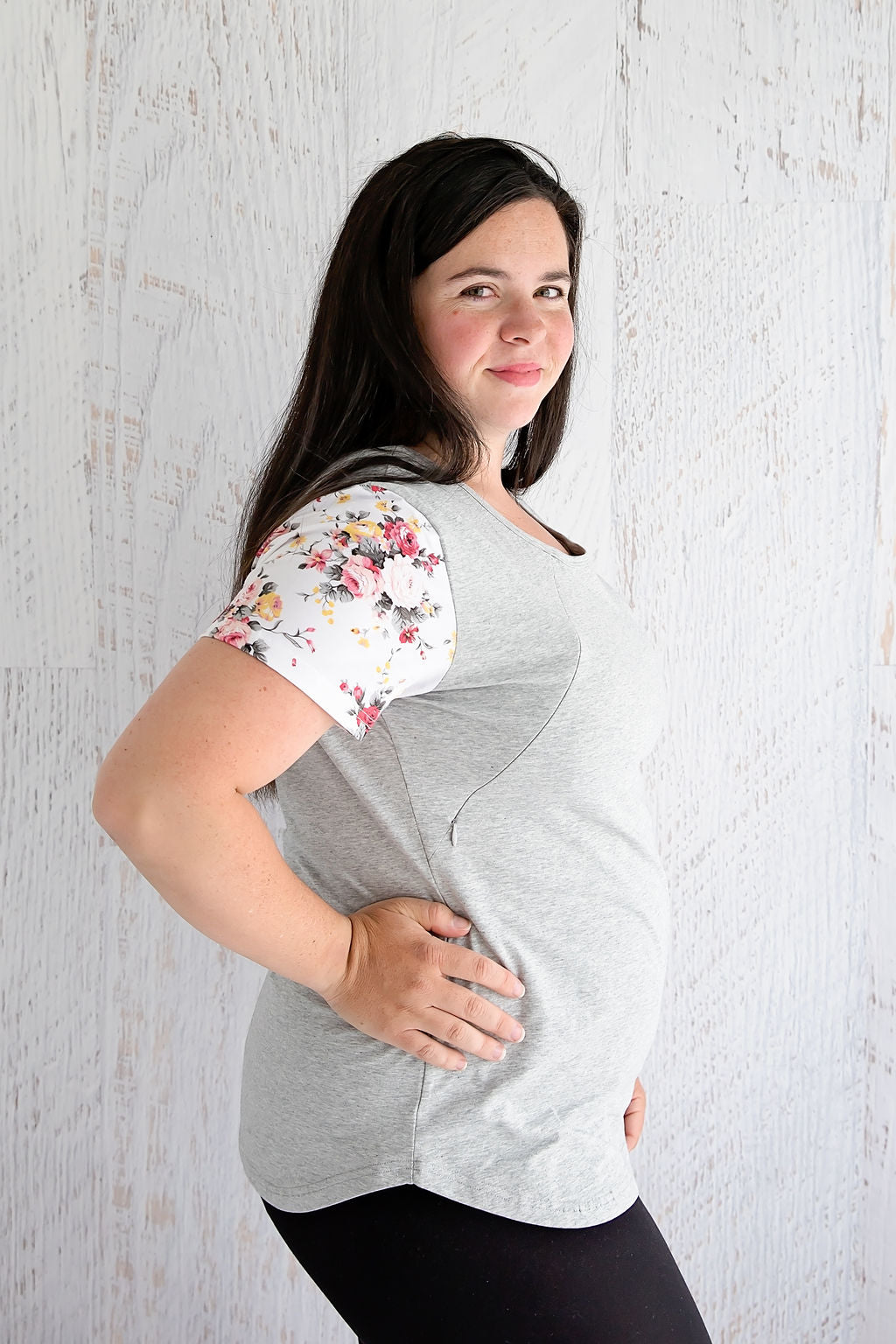 Summer Floral Sleeve Tee in Grey - Zippers-Breastfeeding t-shirt NZ, Maternity t-shirt NZ, Flourish Maternity