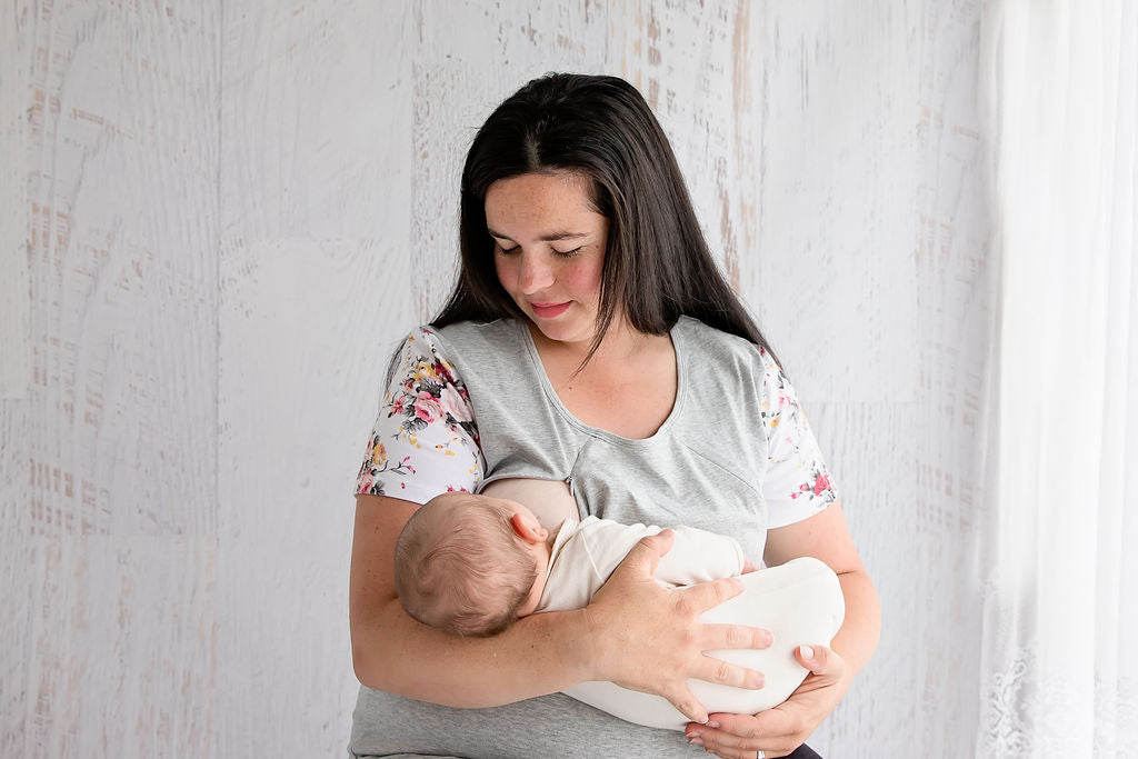 Summer Floral Sleeve Tee in Grey - Zippers-Breastfeeding t-shirt NZ, Maternity t-shirt New Zealand, Flourish Maternity