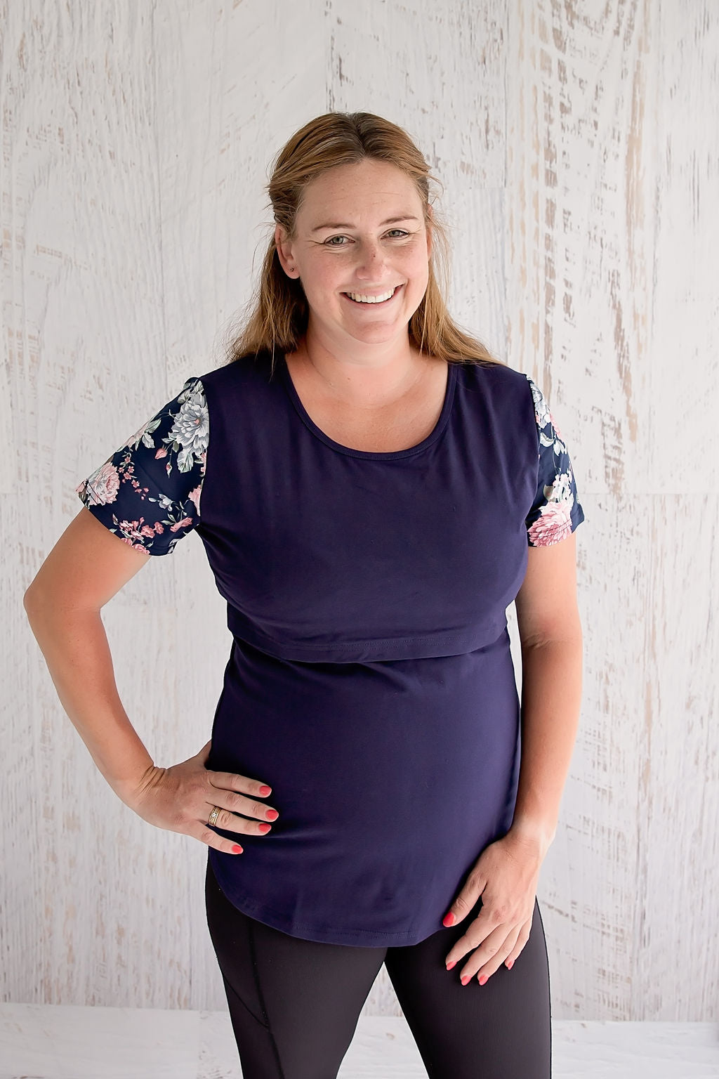 Peach Bloom Floral Sleeve Tee in Navy - Flap - Breastfeeding t-shirt NZ, Maternity t-shirt NZ, Flourish Maternity
