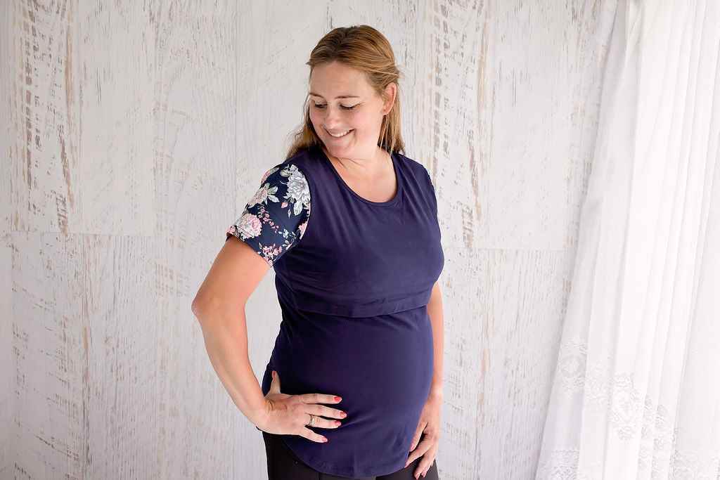 Peach Bloom Floral Sleeve Tee in Navy - Flap-Breastfeeding t-shirt NZ, Maternity t-shirt New Zealand, Flourish Maternity online mum and baby shop
