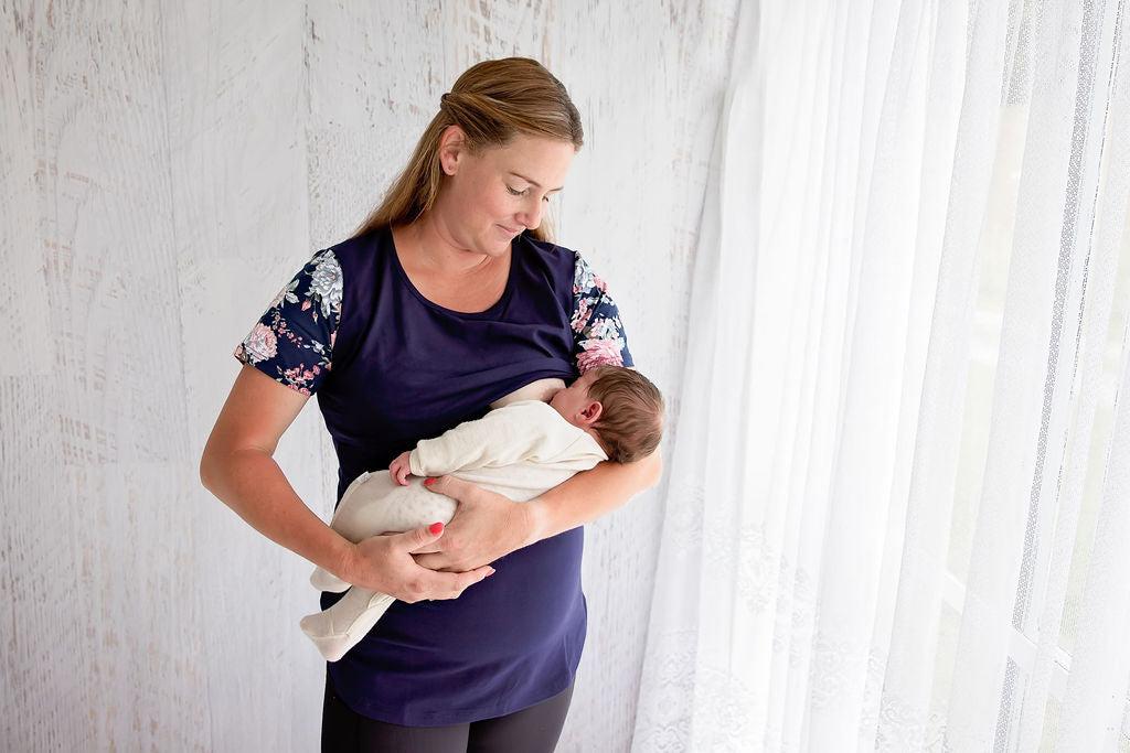 Peach Bloom Floral Sleeve Tee in Navy - Flap-Breastfeeding t-shirt NZ, Maternity t-shirt New Zealand, Flourish Maternity online mum and baby shop