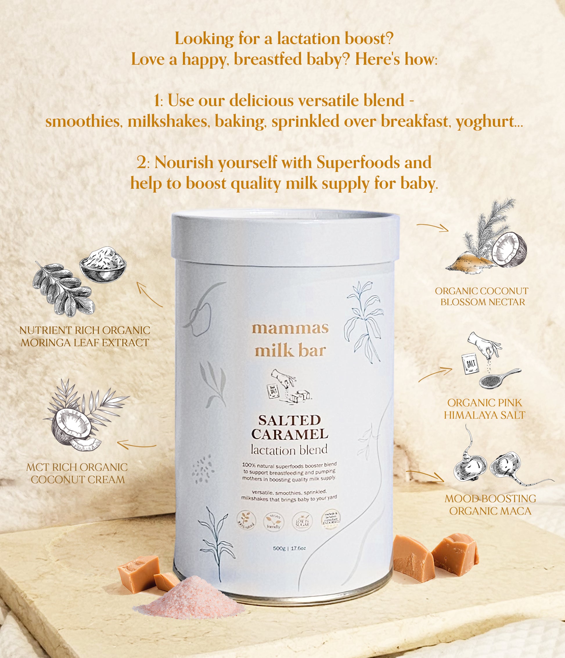 Salted caramel lactation blend mammas milk bar nz - Flourish Maternity online mum and baby shop New Zealand