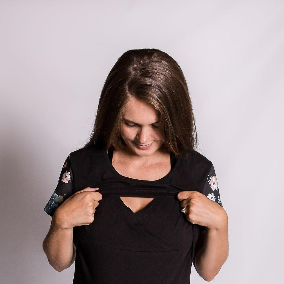 Black Floral Sleeve Tee - Flap-Breastfeeding t-shirt NZ, Maternity t-shirt NZ, Flourish Maternity