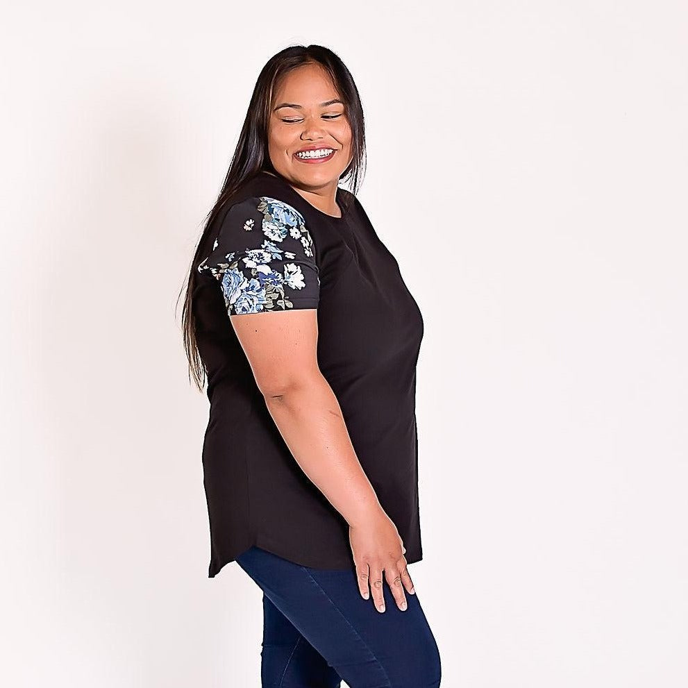 Black Floral Sleeve Tee - Zippers-Breastfeeding t-shirt NZ, Maternity t-shirt NZ, Flourish Maternity