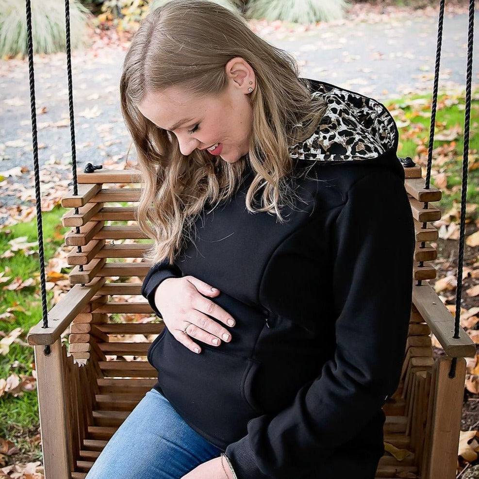 Maternity and breastfeeding hoodie, Black with leopard print hood. Flourish Maternity NZ