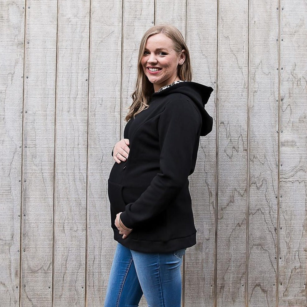 Maternity and breastfeeding hoodie, Black with leopard print hood. Flourish Maternity NZ