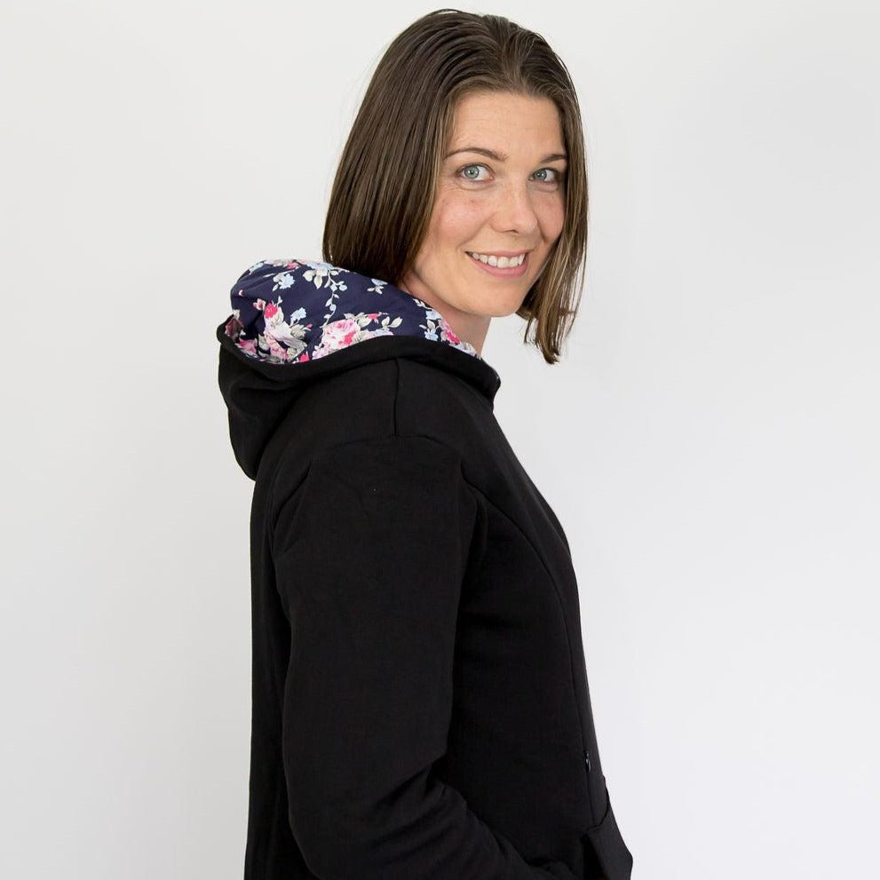 Breastfeeding Hoodie. Maternity Hoodie. Black floral Nursing Hoodie.  Maternity Jumper. Flourish Maternity Designed in NZ
