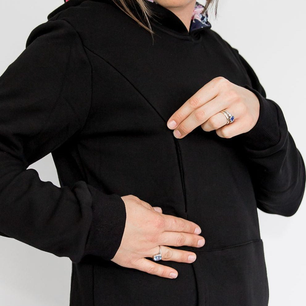 Breastfeeding Hoodie. Maternity Hoodie. Black floral Nursing Hoodie.  Maternity Jumper. Flourish Maternity Designed in NZ