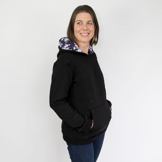 Breastfeeding Hoodie. Maternity Hoodie. Black floral Nursing Hoodie.  Maternity Jumper. Flourish Maternity Designed in NZ