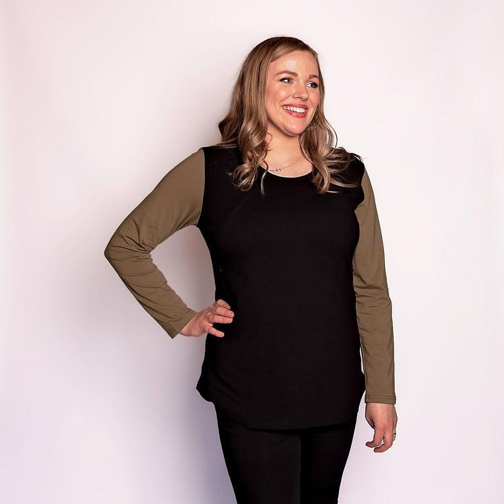Black/Khaki Long Sleeve Top-Long Sleeve Breastfeeding Tops NZ Flourish Maternity