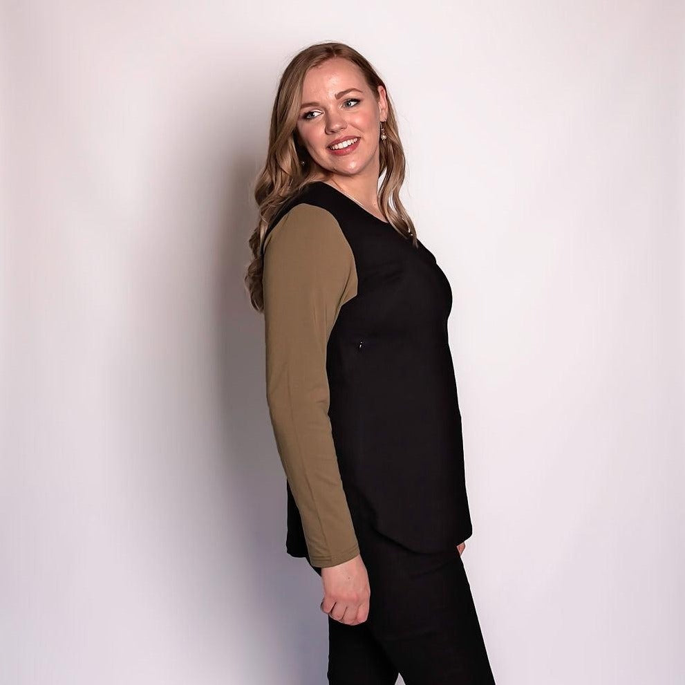 Black/Khaki Long Sleeve Top-Long Sleeve Breastfeeding Tops NZ Flourish Maternity