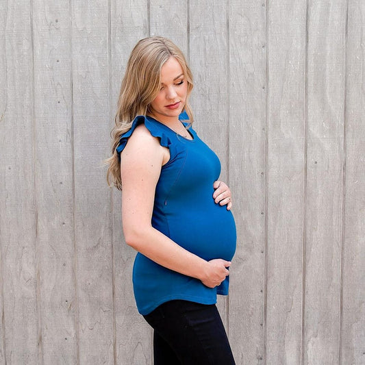 Blue Ruffle Sleeve Tee-Breastfeeding t-shirt NZ, Maternity t-shirt NZ, Flourish Maternity