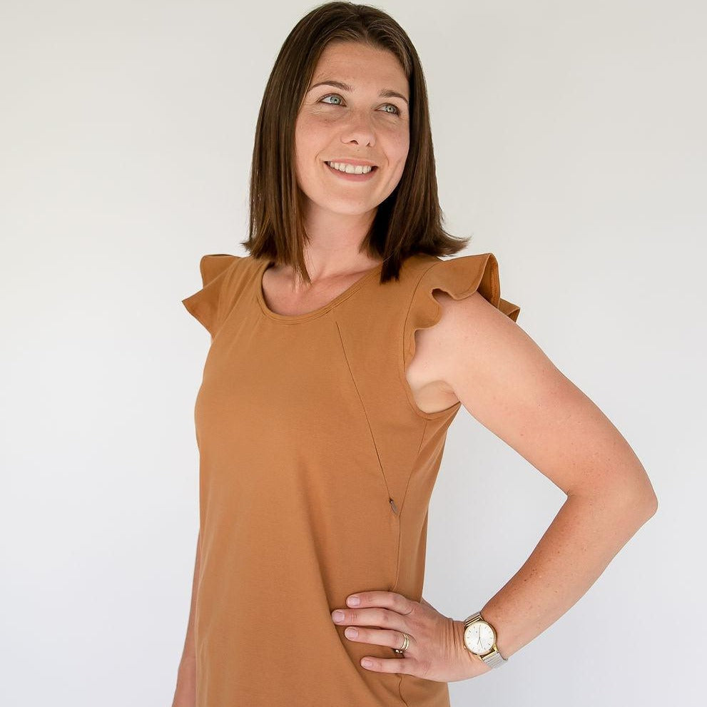 Caramel Ruffle Sleeve Tee-Breastfeeding t-shirt NZ, Maternity t-shirt NZ, Flourish Maternity