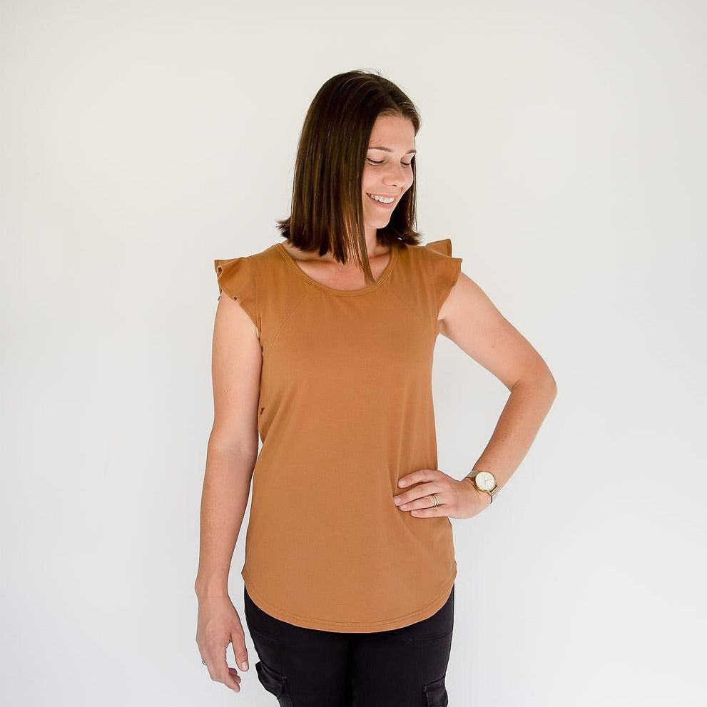 Caramel Ruffle Sleeve Tee-Breastfeeding t-shirt NZ, Maternity t-shirt NZ, Flourish Maternity