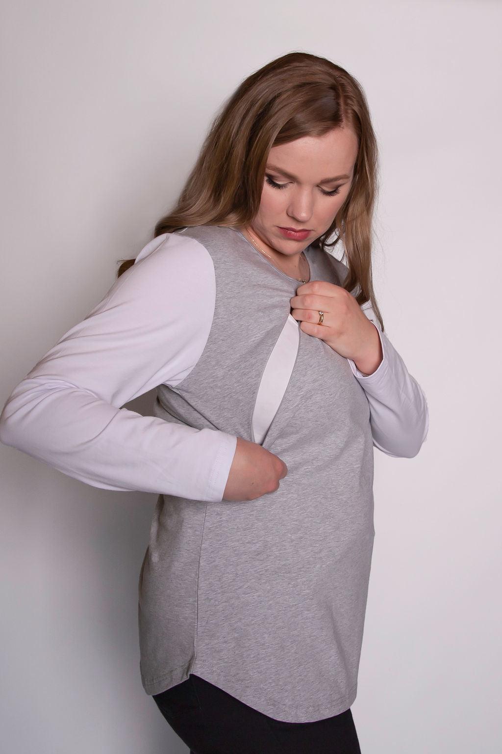 Grey/White Long Sleeve Top-Long Sleeve Breastfeeding Tops NZ Flourish Maternity