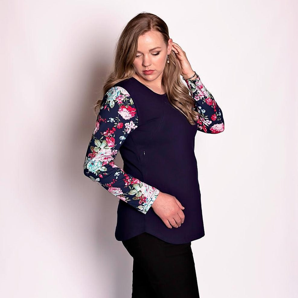 Navy Floral Long Sleeve Top-Long Sleeve Breastfeeding Tops NZ Flourish Maternity