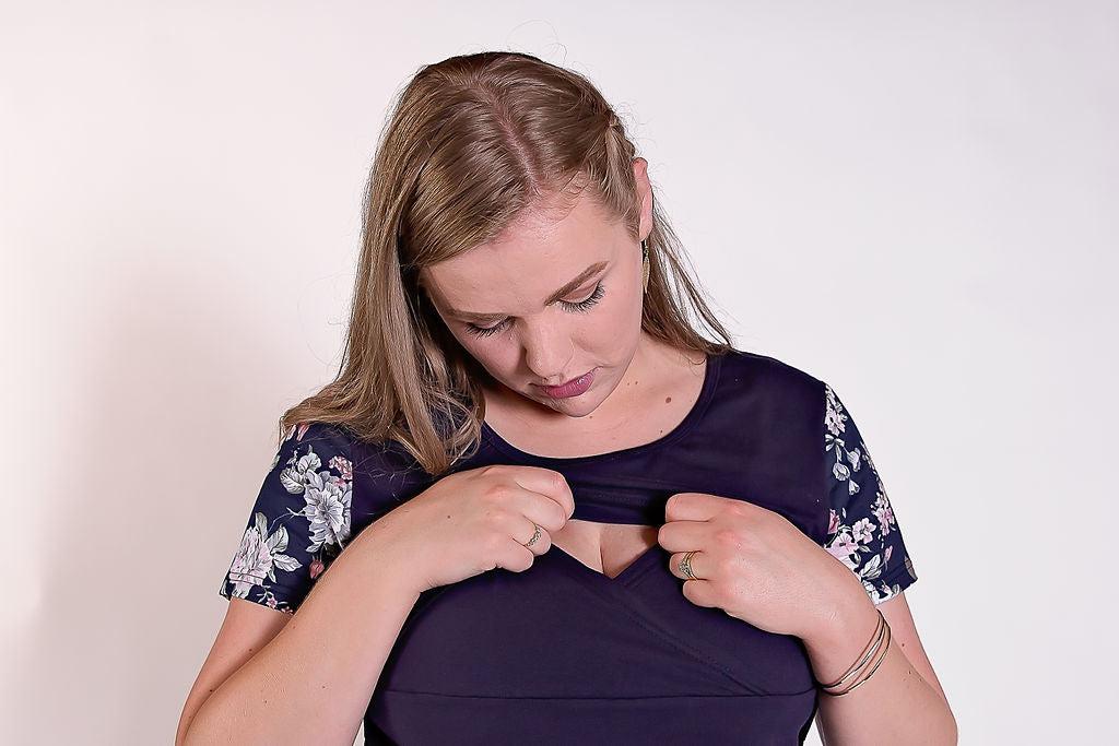 Peach Bloom Floral Sleeve Tee in Navy - Flap-Breastfeeding t-shirt NZ, Maternity t-shirt NZ, Flourish Maternity. Close up of discrete breastfeeding access tee shirt