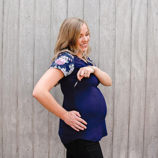 Peach Bloom Floral Sleeve Tee in Navy - Zippers-Breastfeeding t-shirt NZ, Maternity t-shirt NZ, Flourish Maternity