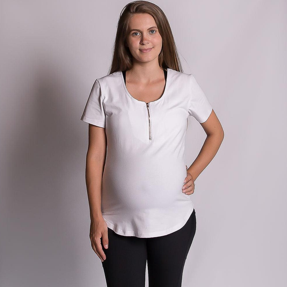 Rose Gold Zipper Tee - White-Breastfeeding t-shirt NZ, Maternity t-shirt NZ, Flourish Maternity