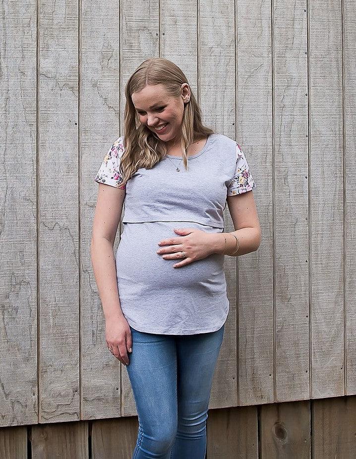 Summer Floral Sleeve Tee in Grey - Flap-Breastfeeding t-shirt NZ, Maternity t-shirt NZ, Flourish Maternity