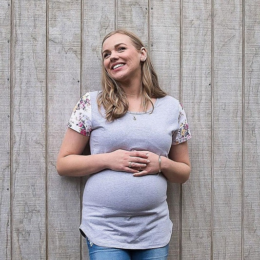 Summer Floral Sleeve Tee in Grey - Flap-Breastfeeding t-shirt NZ, Maternity t-shirt NZ, Flourish Maternity