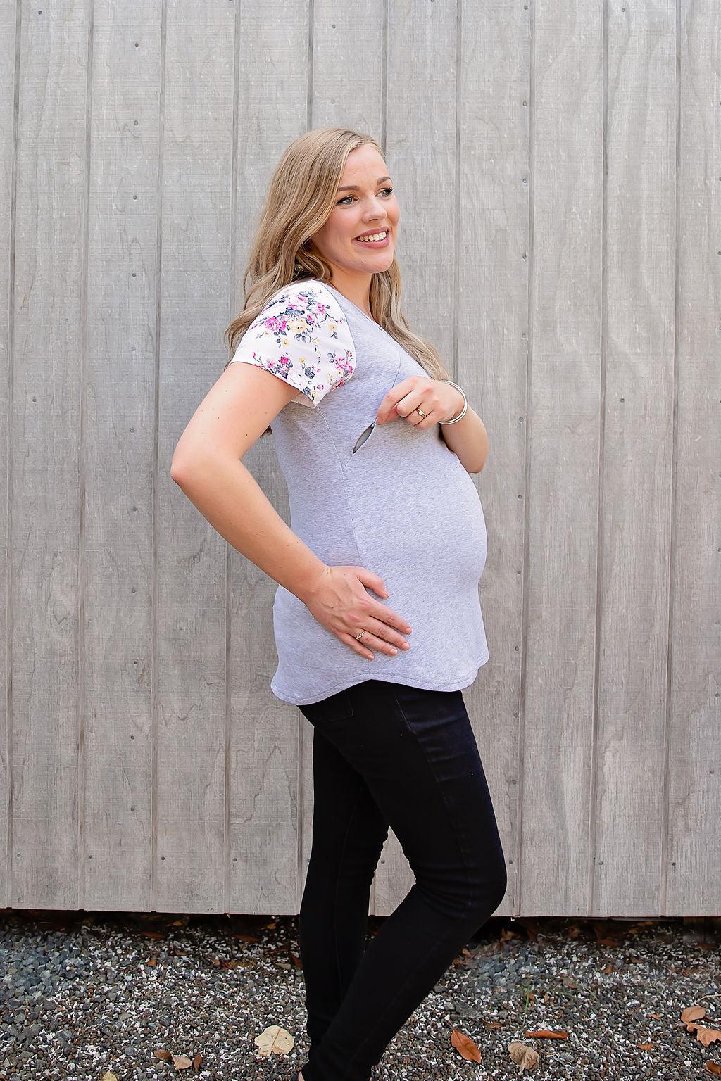 Summer Floral Sleeve Tee in Grey - Zippers-Breastfeeding t-shirt NZ, Maternity t-shirt NZ, Flourish Maternity