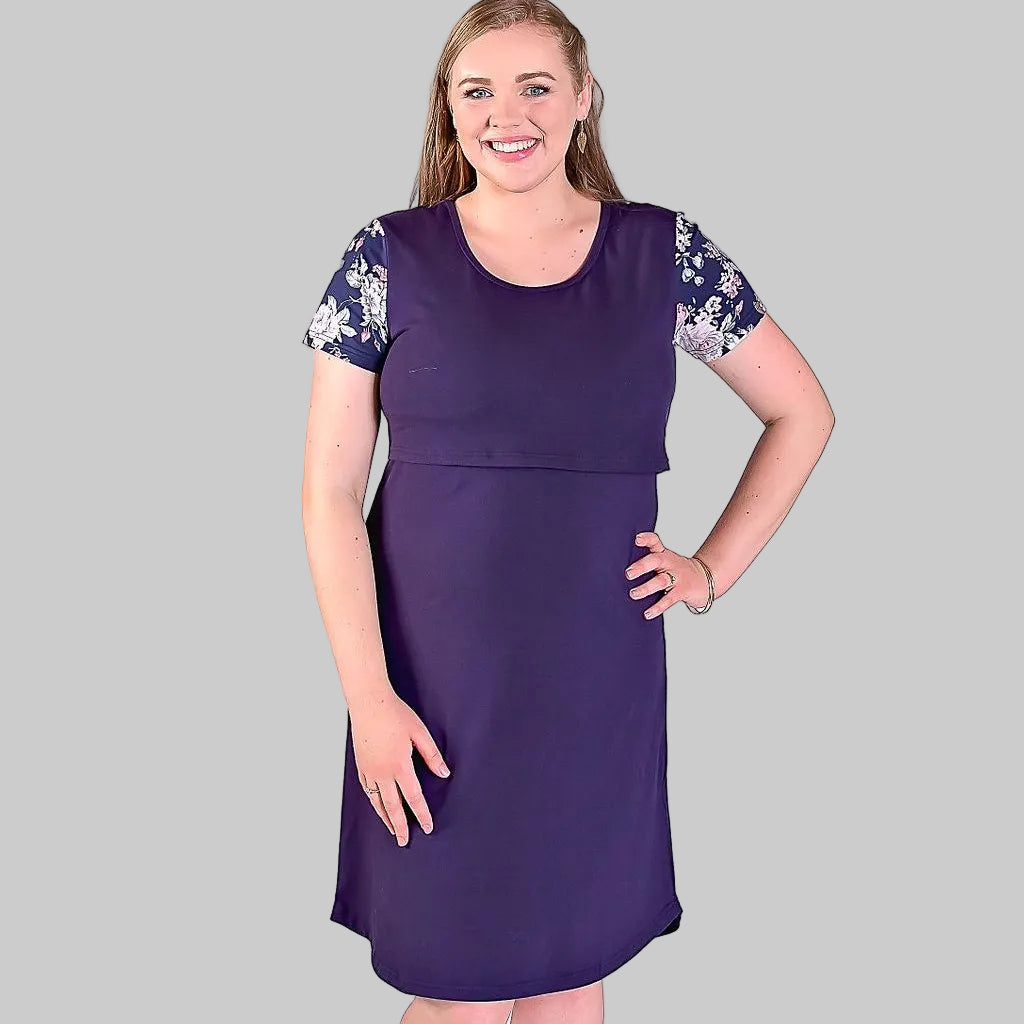 Peach Bloom Floral Sleeve Dress in Navy - Flap-Flourish Maternity Breastfeeding Dresses NZ Maternity Dresses NZ