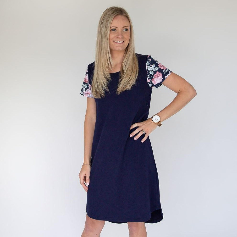 Peach Bloom Floral Sleeve Dress in Navy - Zippers-Flourish Maternity Breastfeeding Dresses NZ Maternity Dresses NZ