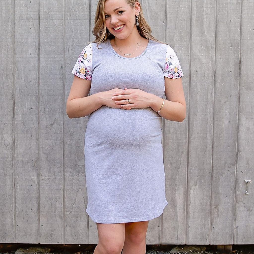 Summer Floral Sleeve Dress in Grey - Zippers-Flourish Maternity Breastfeeding Dresses NZ Maternity Dresses NZ
