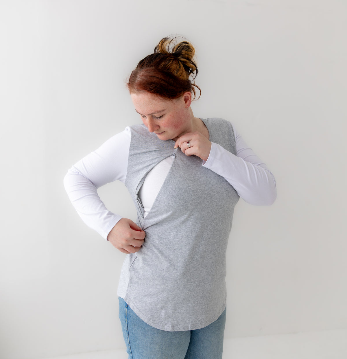 Grey/White Breastfeeding Top