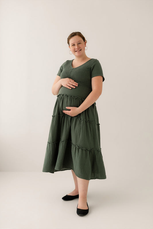 Maternity and breastfeeding dress - Bella Forest Green Dress