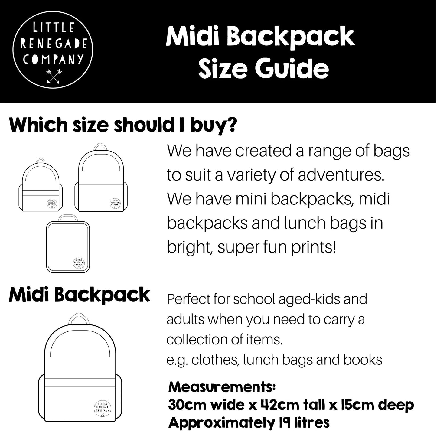Flourish Maternity NZ Online Shop for mum baby and kids - midi backpack size guide
