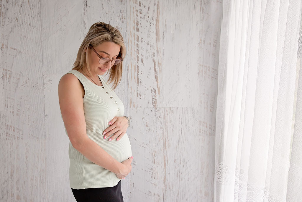 Flourish Maternity NZ - online mum and baby shop. Soft sage pregnancy & breastfeeding singlet top.