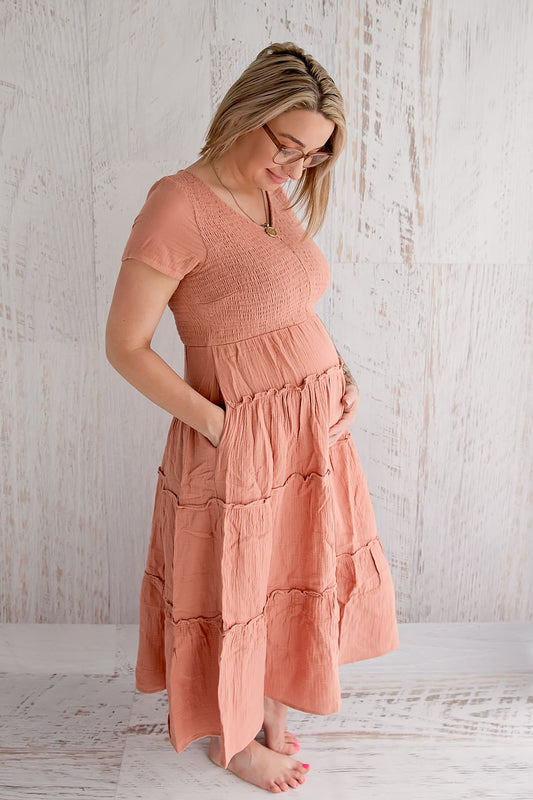 Flourish Maternity NZ - online mum and baby shop. Bella tiered dusty pink dress - pregnancy & breastfeeding flowing dress with pockets..