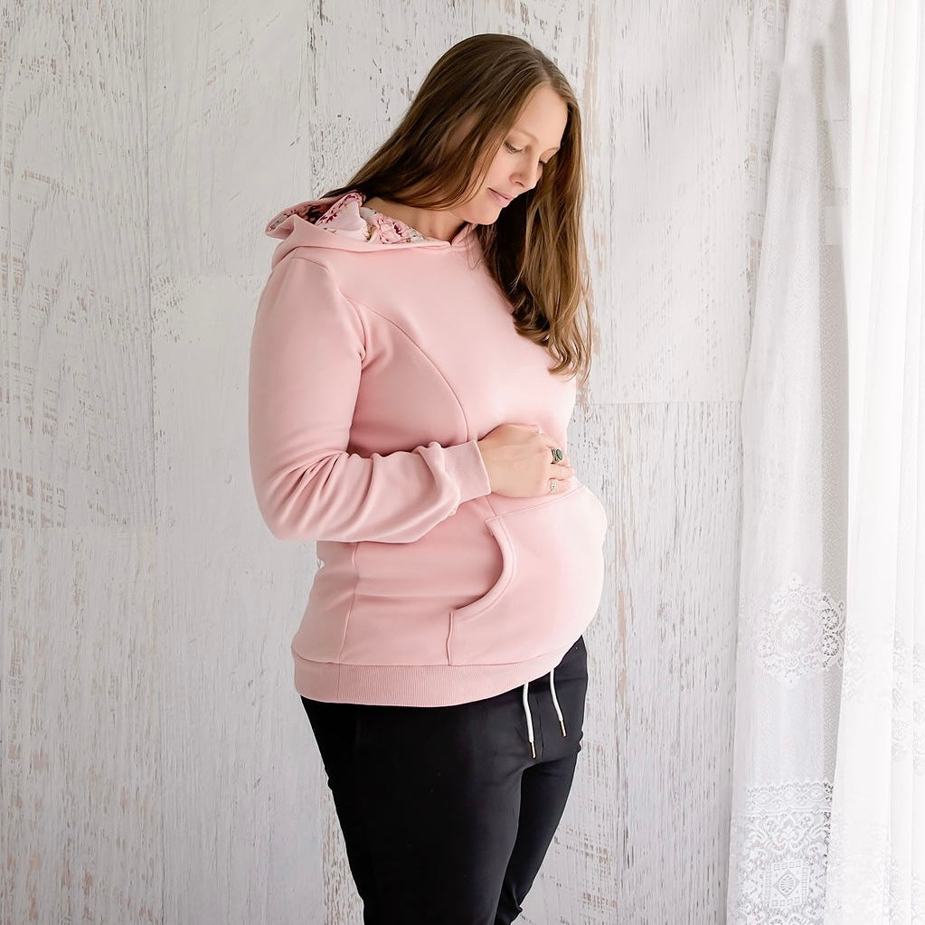 Flourish Maternity NZ Candy Floss pink and floral breastfeeding hoodie with zips. Online mum and baby shop.