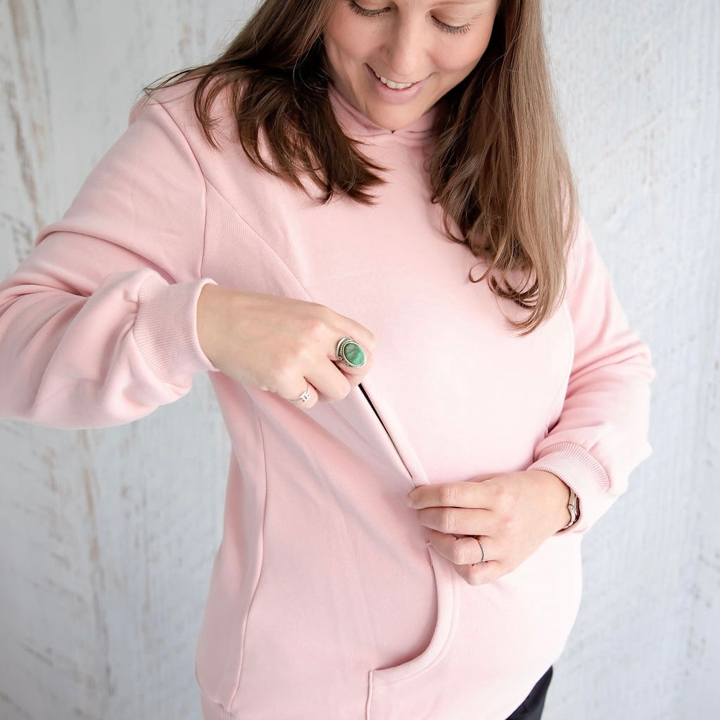 Flourish Maternity NZ Candy Floss pink and floral breastfeeding hoodie with zips. Online mum and baby shop