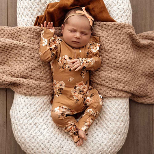 Flourish Maternity NZ - Baby. Golden Flower Organic Growsuit. Sizes Newborn (0000) to size 2 year old.