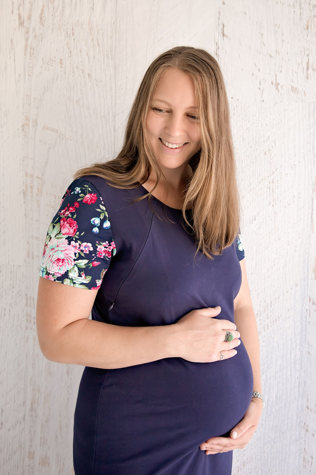Flourish Maternity NZ floral sleeve navy breastfeeding dress with zip. Online mum and baby shop.