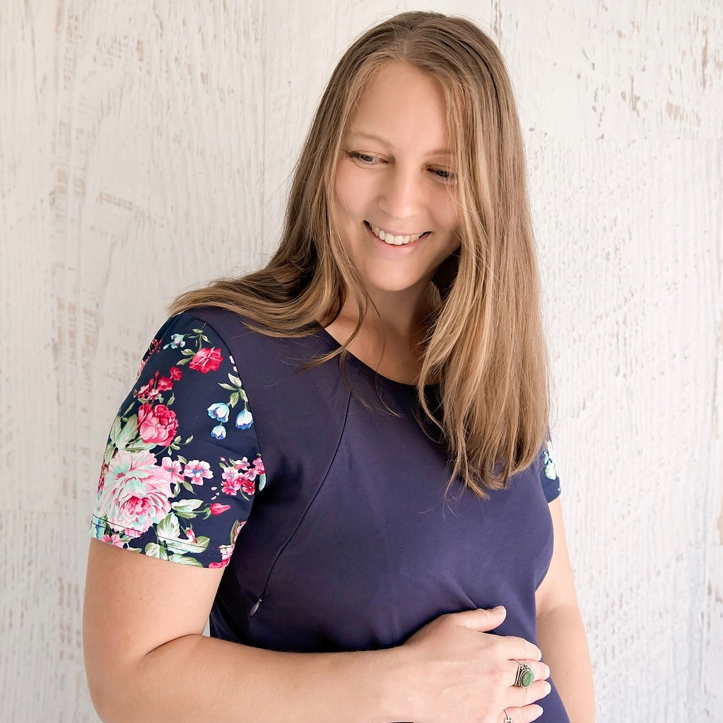 Flourish Maternity NZ floral sleeve navy breastfeeding dress with zip. Online mum and baby shop.