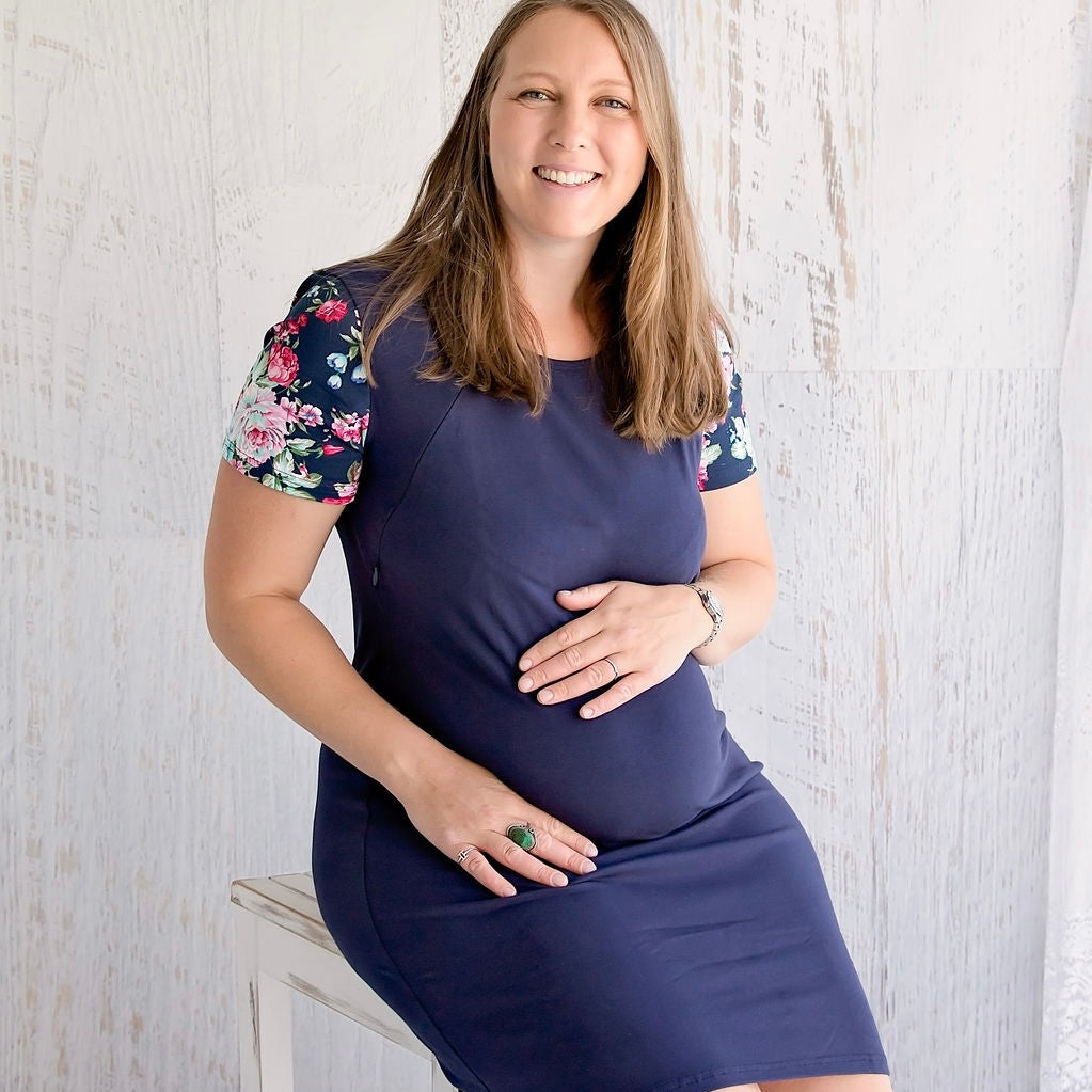 Flourish Maternity NZ floral sleeve navy breastfeeding dress with zip. Online mum and baby shop.