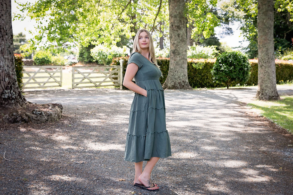 Bella Tiered Dress - Forest Green